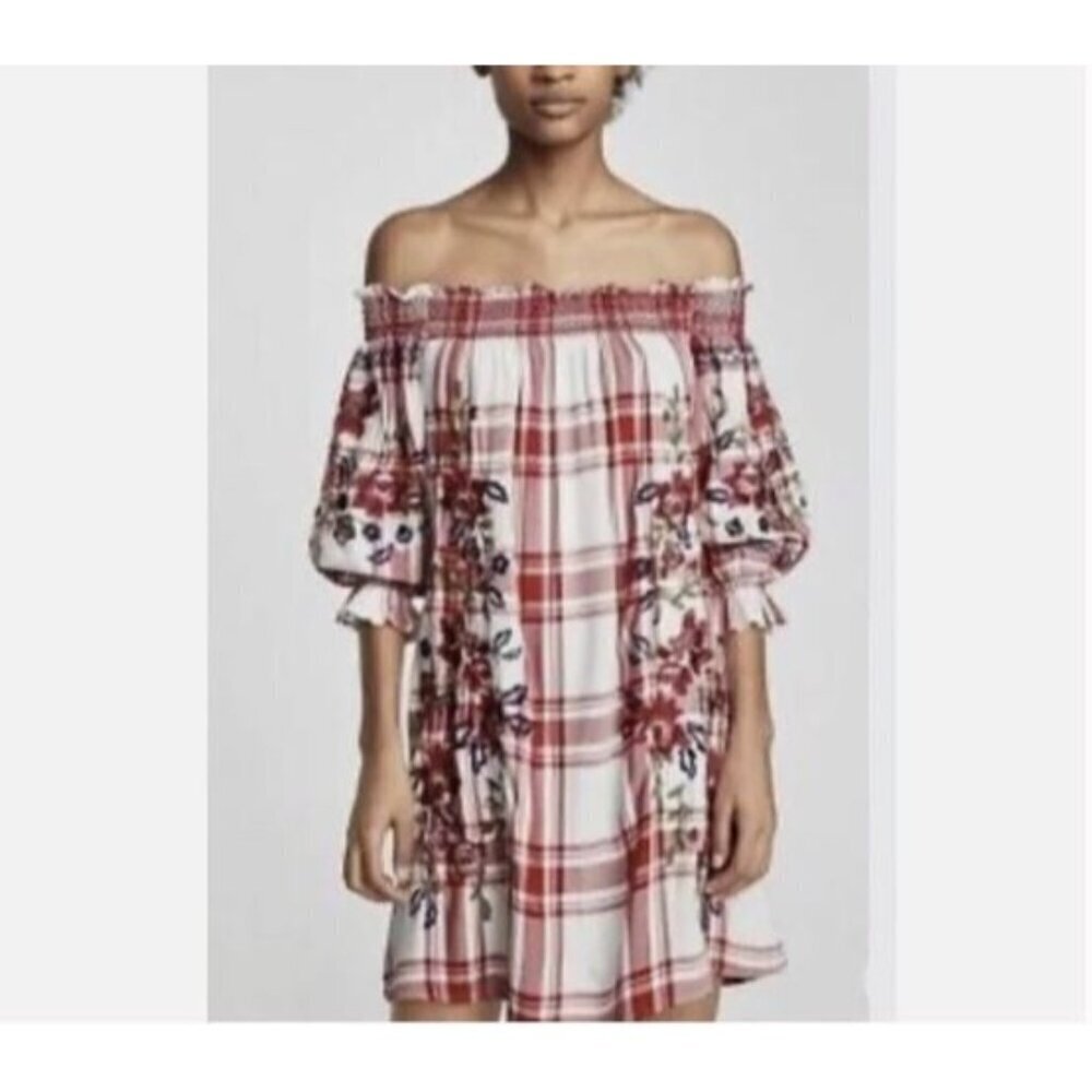 Zara Dress Womens Medium Red Plaid Floral Embroidered Off The Shoulder Picnic
